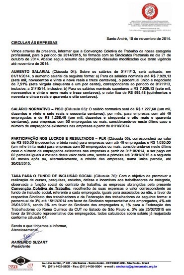 Circular Convenção Coletiva Setor Químico 2014