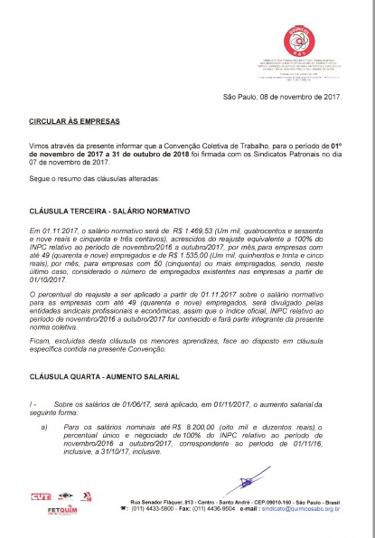 Circular às Empresas – Convenção Coletiva de Trabalho 2017- 2018 Setor Químico