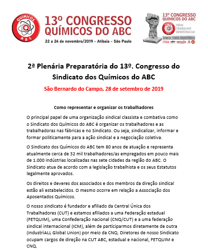 13º Congresso dos Químicos do ABC: 2ª Plenária Preparatória – Como representar e organizar os trabalhadores