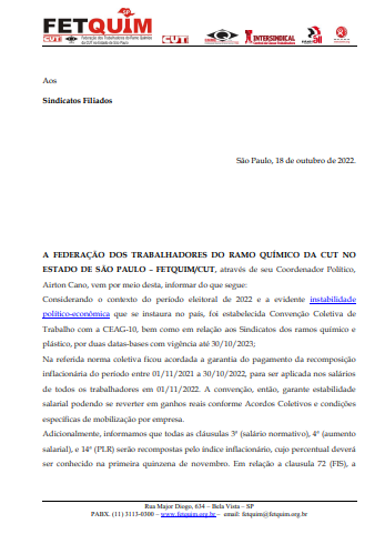 Comunicado FETQUIM sobre Cláusulas econômicas da CCT Setor Químico