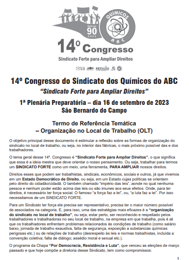 14º Congresso: Termo de Referência Temática – Organização no Local de Trabalho (OLT)