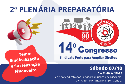 2ª Plenária Preparatória do 14º Congresso será neste sábado, 07/10, em Diadema