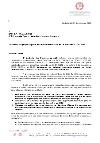 Pauta com Aviso de Greve – BASF 7mar2024