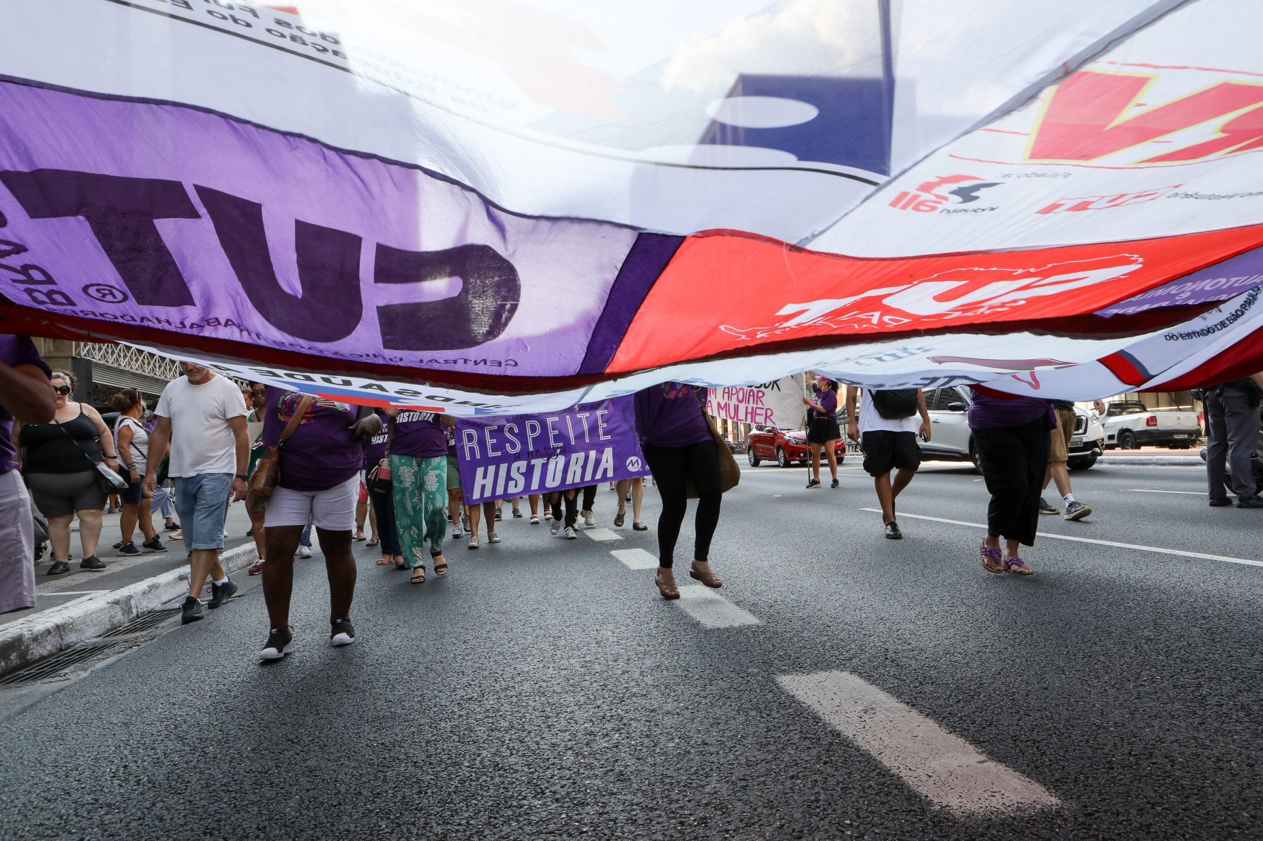 Dia Internacional das Mulheres ato na Av. Paulista concentração em frente o Banco Central e passeata até a Praça Osvaldo Cruz. Fotos Dino Santos. Brasil_08_03_2025.