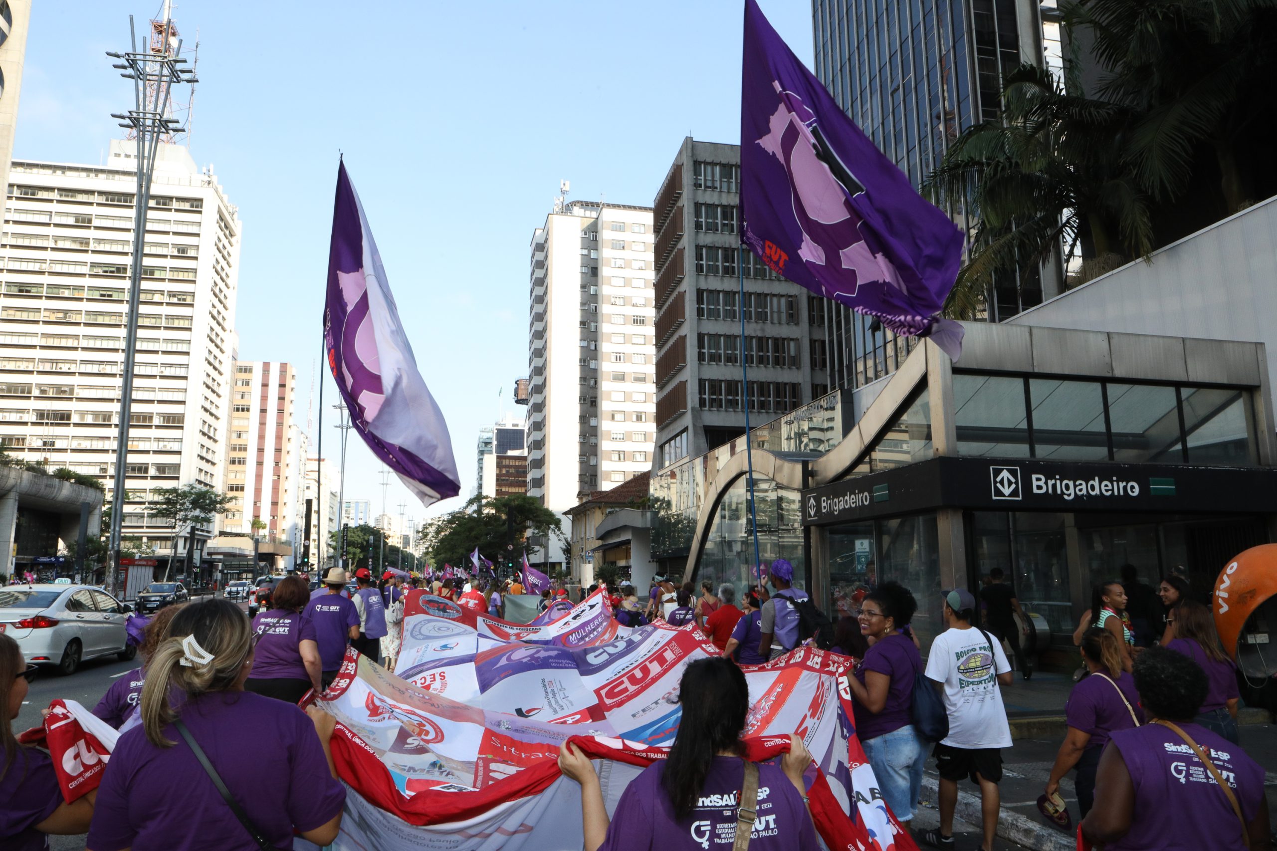 Dia Internacional das Mulheres ato na Av. Paulista concentração em frente o Banco Central e passeata até a Praça Osvaldo Cruz. Fotos Dino Santos. Brasil_08_03_2025.