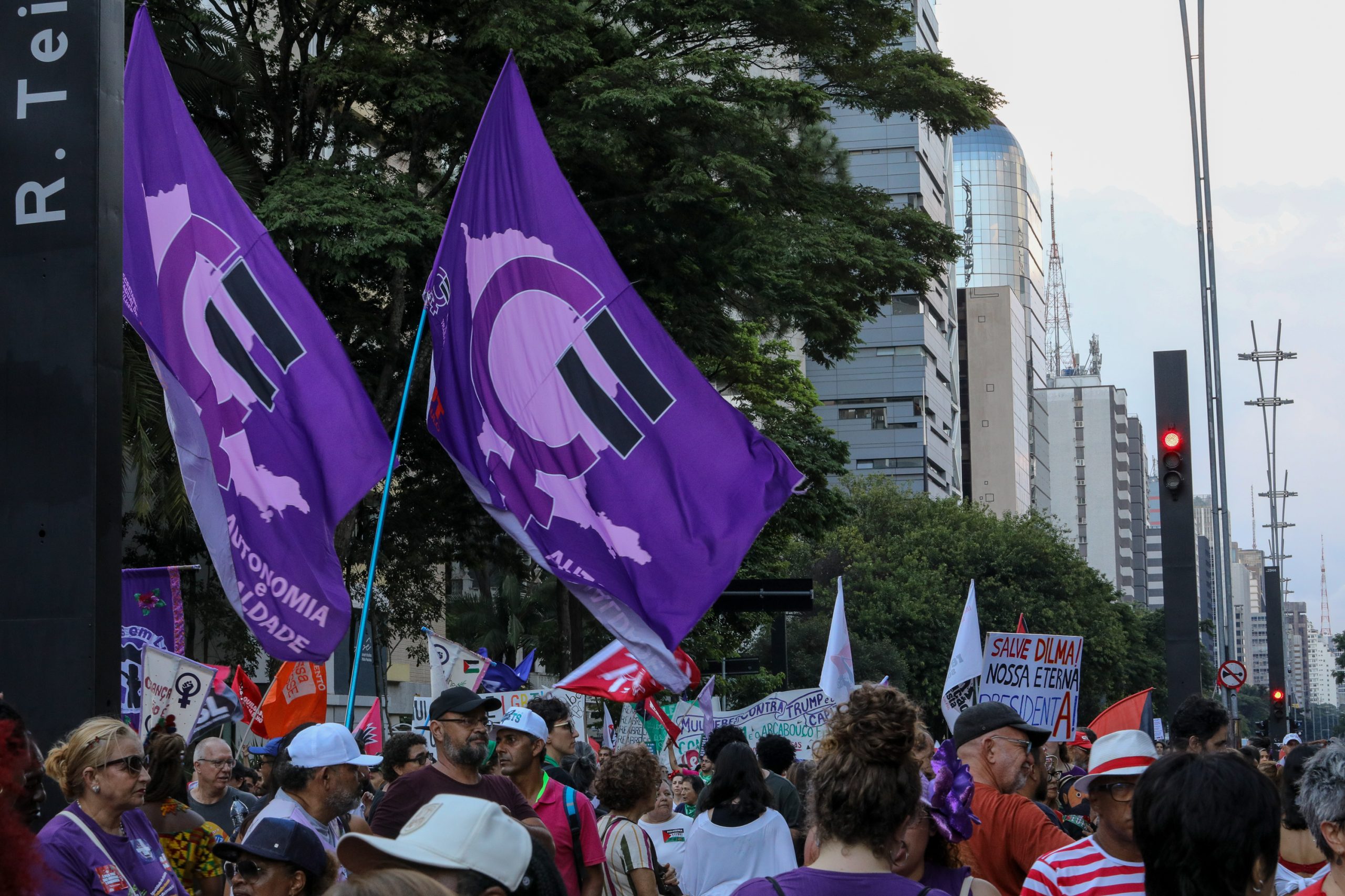 Dia Internacional das Mulheres ato na Av. Paulista concentração em frente o Banco Central e passeata até a Praça Osvaldo Cruz. Fotos Dino Santos. Brasil_08_03_2025.