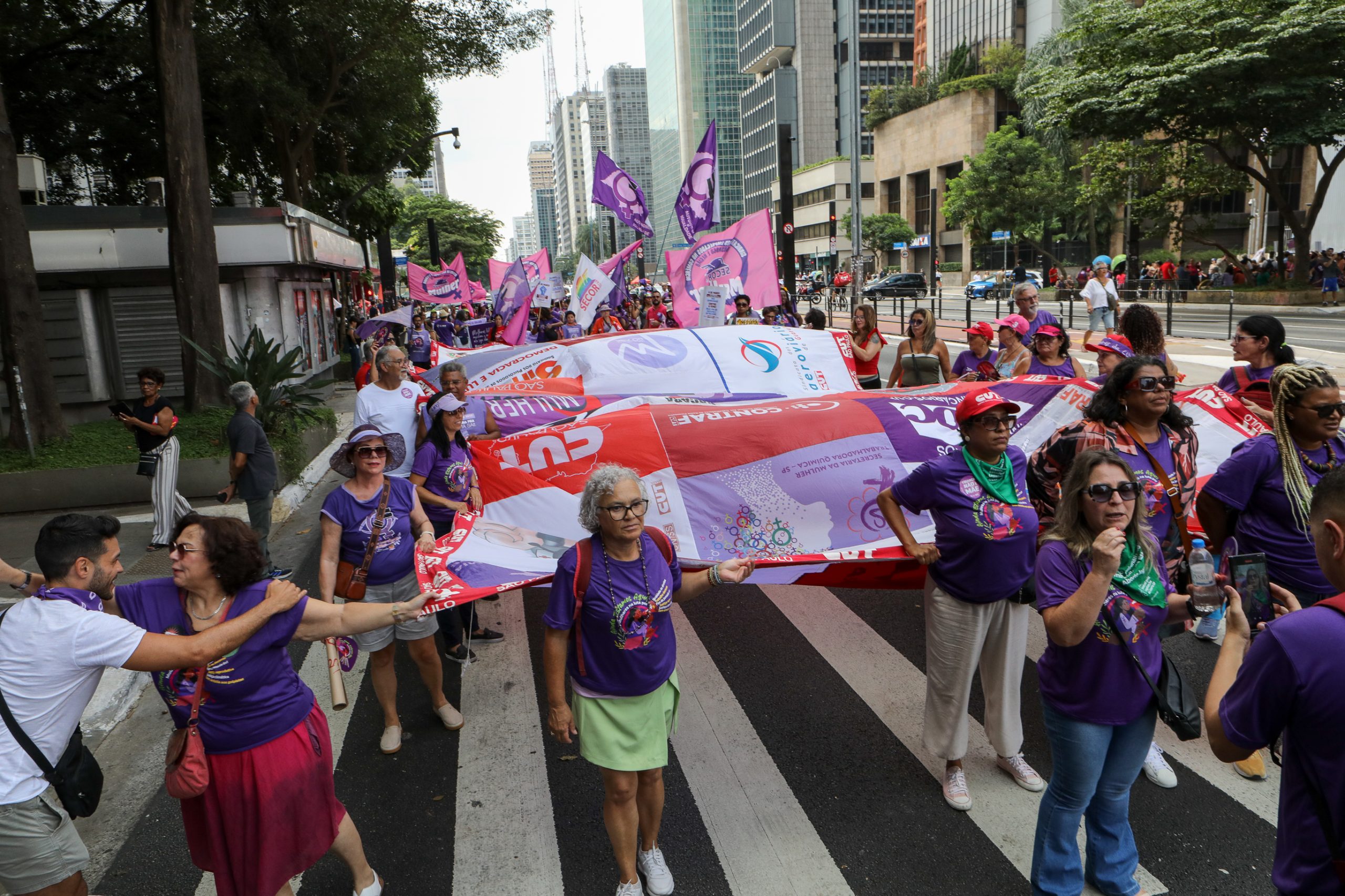 Dia Internacional das Mulheres ato na Av. Paulista concentração em frente o Banco Central e passeata até a Praça Osvaldo Cruz. Fotos Dino Santos. Brasil_08_03_2025.