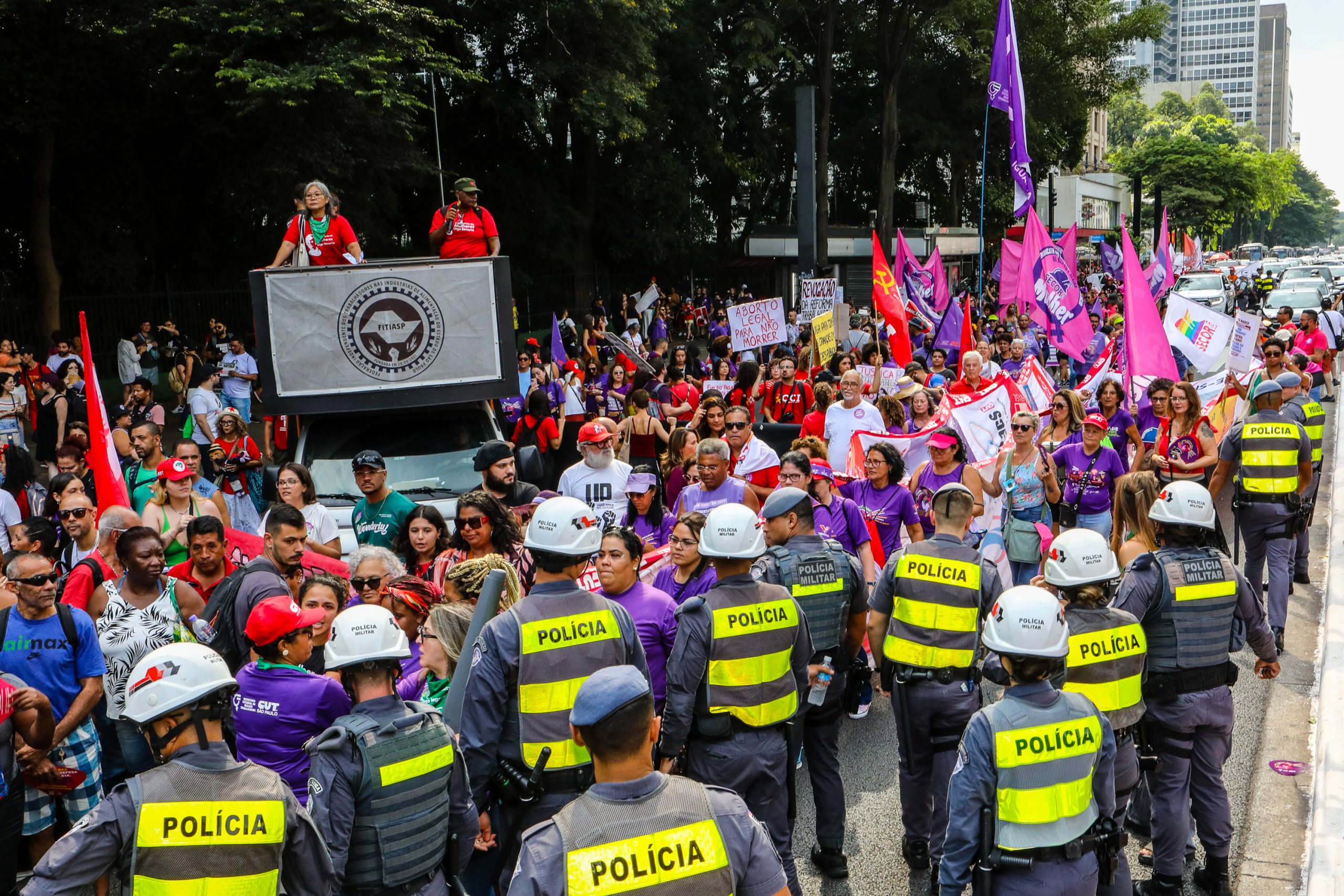 Dia Internacional das Mulheres ato na Av. Paulista concentração em frente o Banco Central e passeata até a Praça Osvaldo Cruz. Fotos Dino Santos. Brasil_08_03_2025.