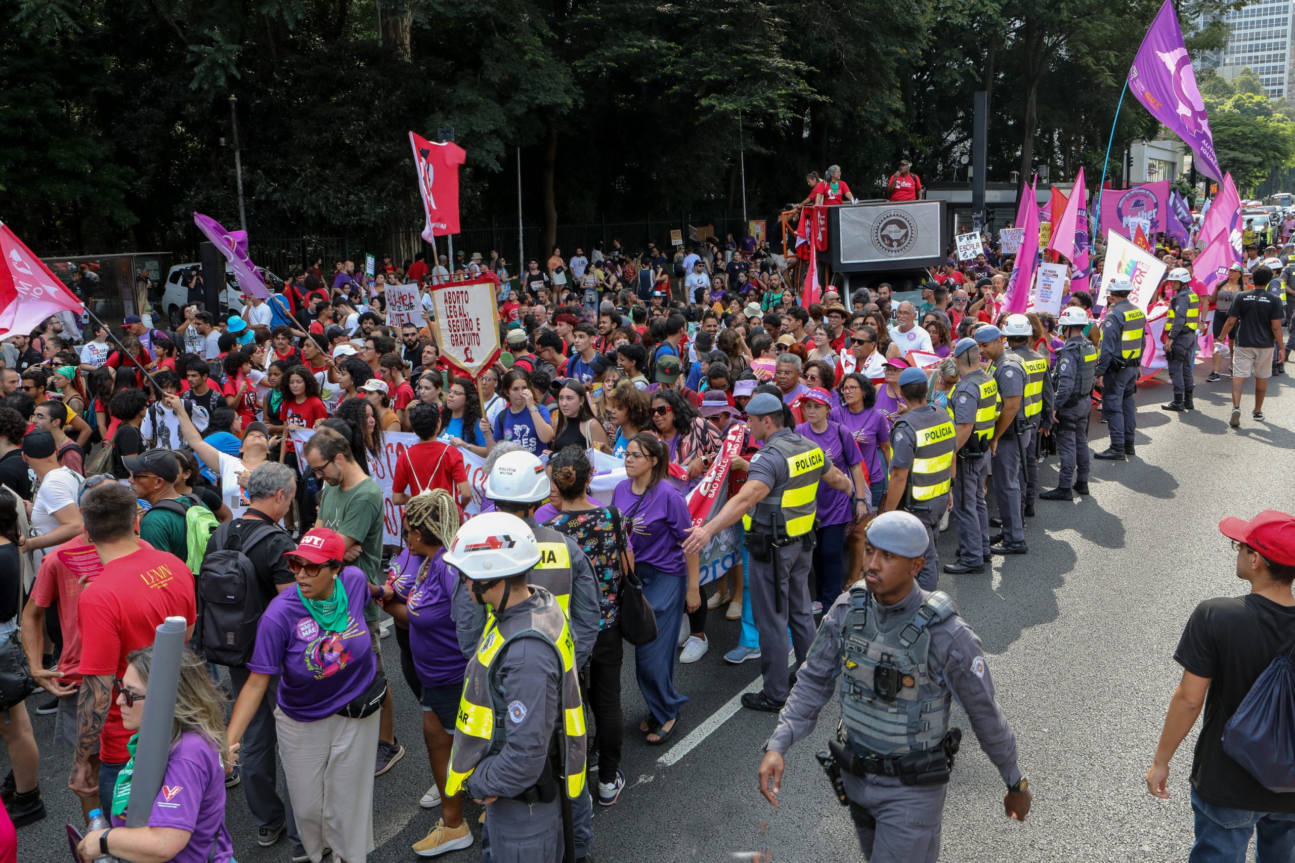 Dia Internacional das Mulheres ato na Av. Paulista concentração em frente o Banco Central e passeata até a Praça Osvaldo Cruz. Fotos Dino Santos. Brasil_08_03_2025.