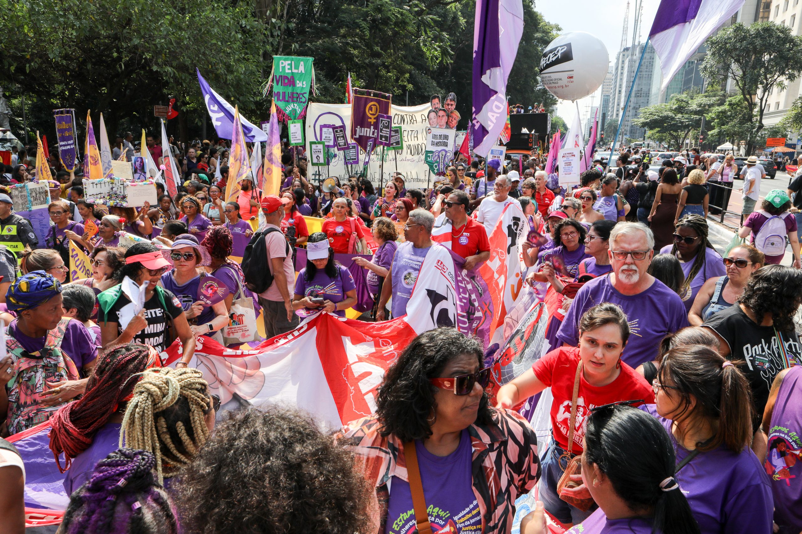 Dia Internacional das Mulheres ato na Av. Paulista concentração em frente o Banco Central e passeata até a Praça Osvaldo Cruz. Fotos Dino Santos. Brasil_08_03_2025.