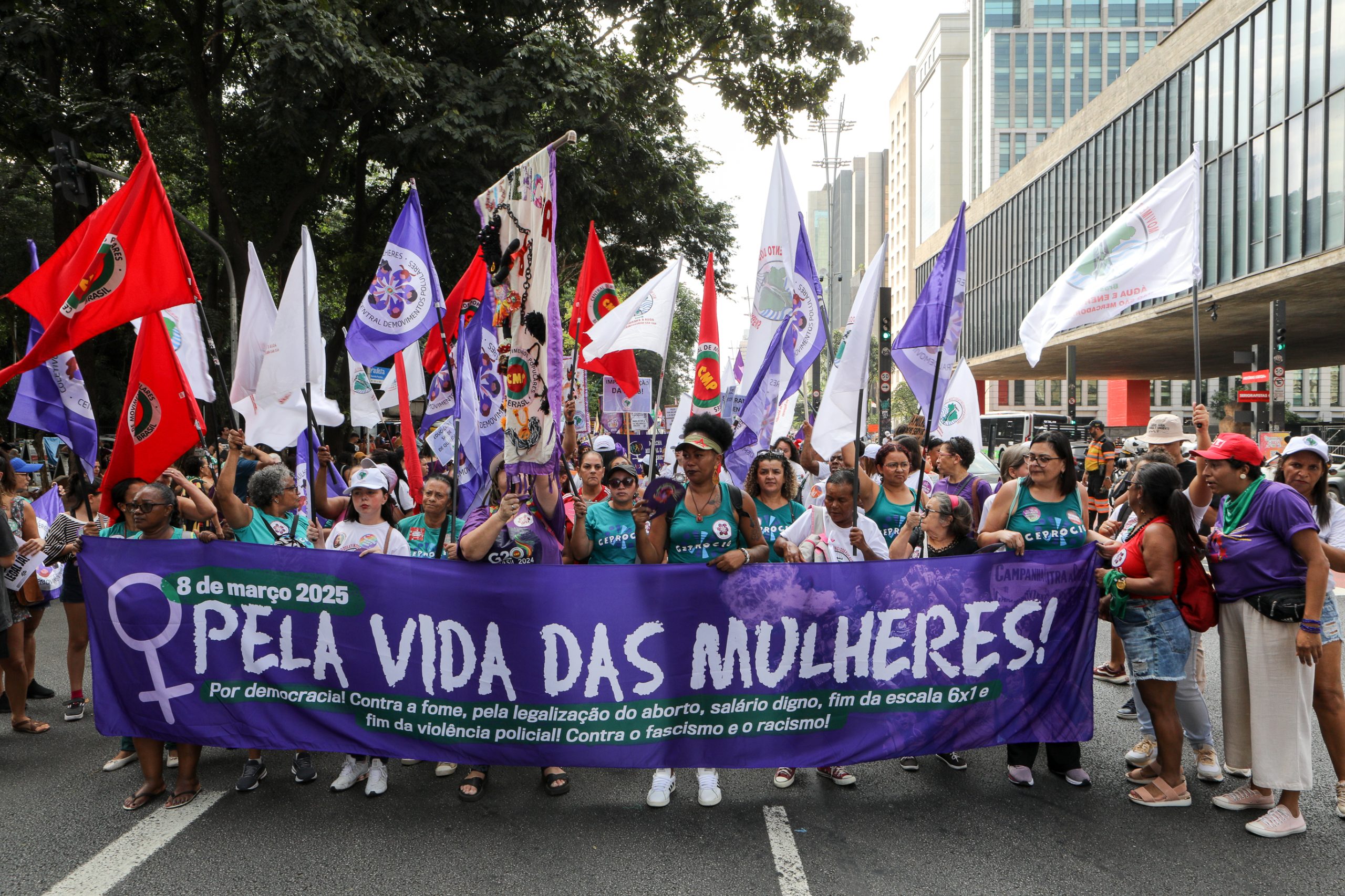 Dia Internacional das Mulheres ato na Av. Paulista concentração em frente o Banco Central e passeata até a Praça Osvaldo Cruz. Fotos Dino Santos. Brasil_08_03_2025.