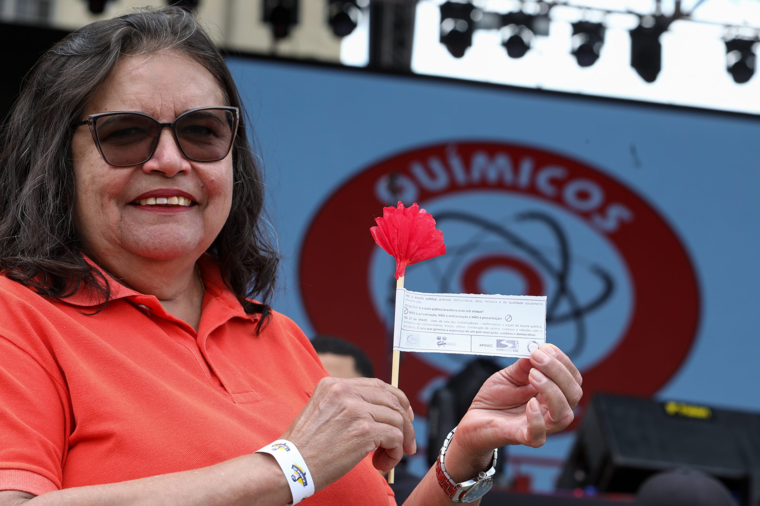 1º de Maio no ABC com slogan redução de jornada sem redução salarial, o fim da escala 6 X 1 e a isenção do imposto de renda para quem ganha R$ 5 mil e 100 anos de lutas e conquistas realizado no Paço Municipal de São Bernardo do Campo/SP. Fotos Dino Santos. Brasil_01_05_2025.