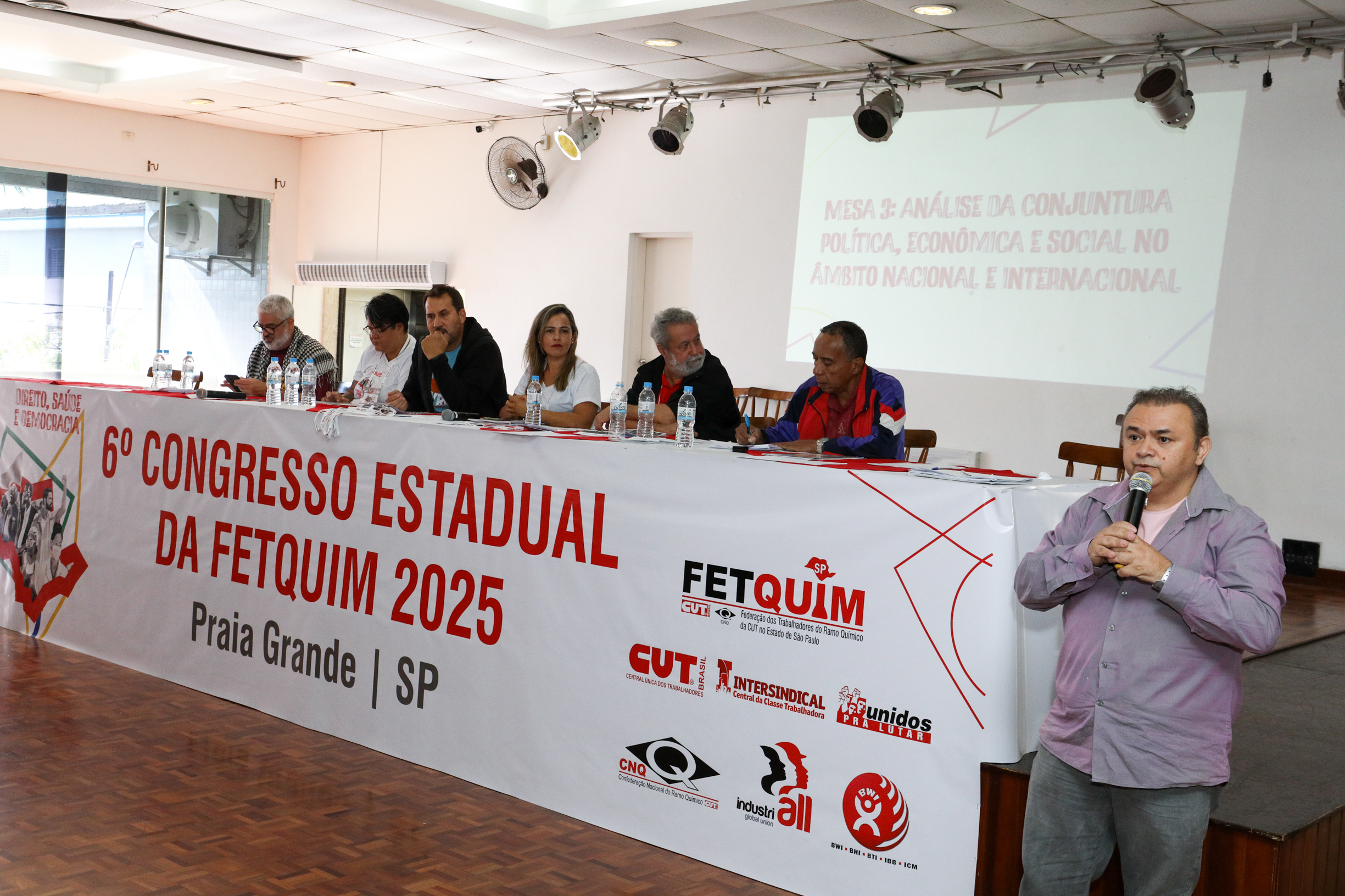 6º Congresso Estadual da Fetquim como slogan Direito, Saúde e Democracia realizado na Côlonia de Férias dos Viajantes. Av. Dos Sindicatos, 1083 Praia Grande-SP. Fotos Dino Santos. Brasil_25_06_2025.
