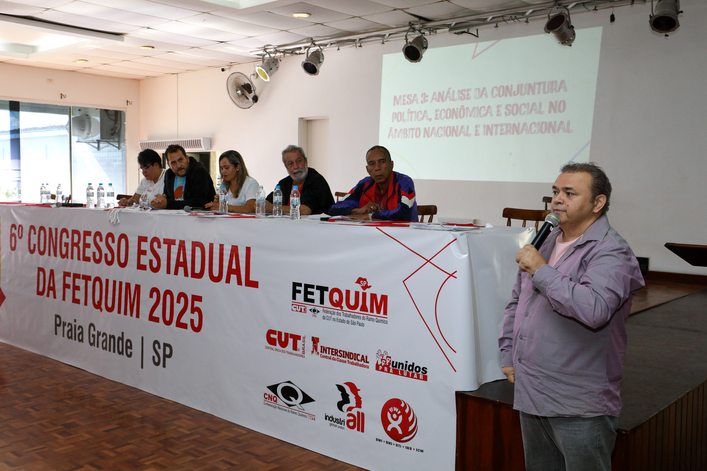 6º Congresso Estadual da Fetquim como slogan Direito, Saúde e Democracia realizado na Côlonia de Férias dos Viajantes. Av. Dos Sindicatos, 1083 Praia Grande-SP. Fotos Dino Santos. Brasil_25_06_2025.
