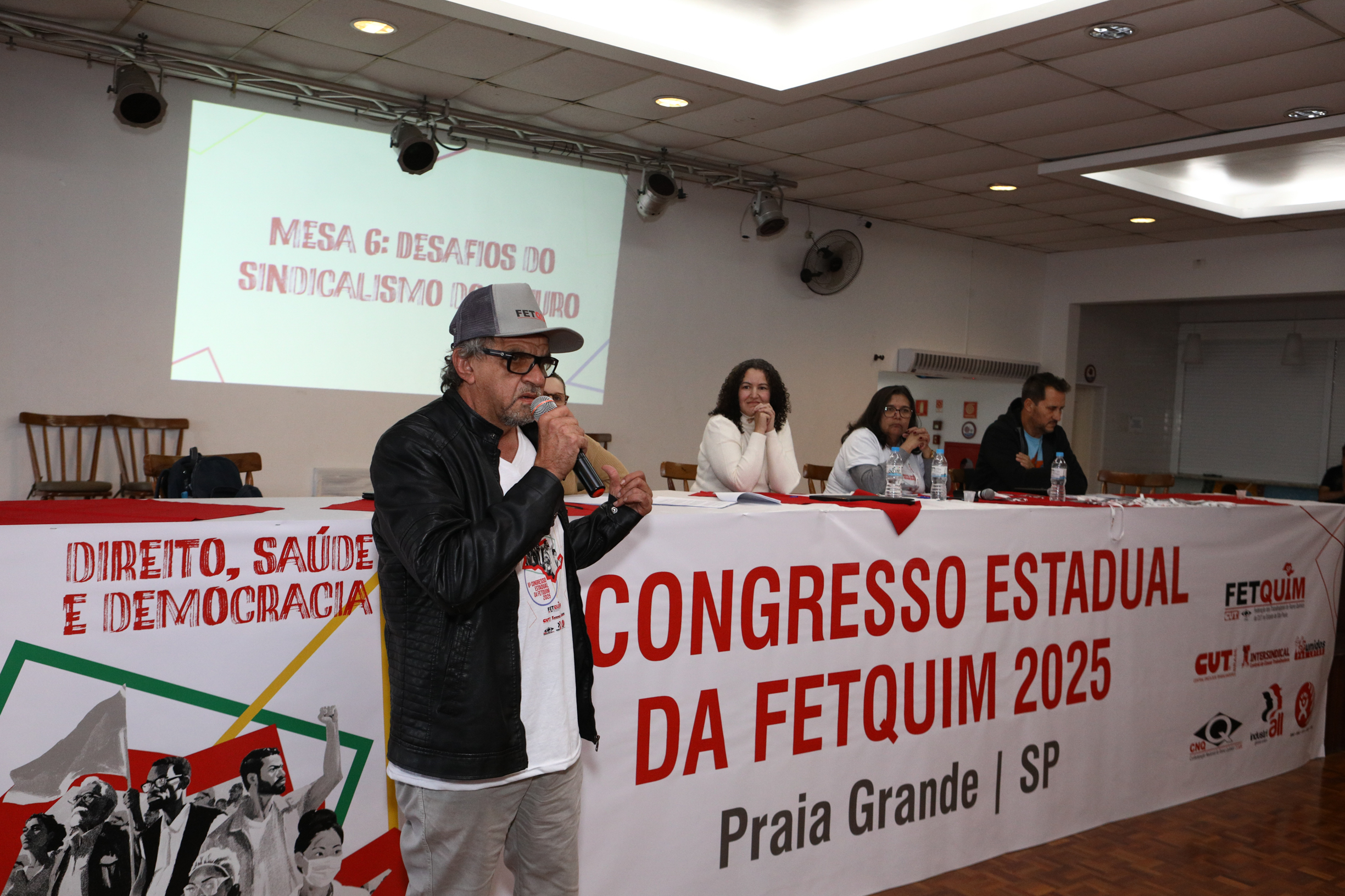 6º Congresso Estadual da Fetquim como slogan Direito, Saúde e Democracia realizado na Côlonia de Férias dos Viajantes. Av. Dos Sindicatos, 1083 Praia Grande-SP. Fotos Dino Santos. Brasil_25_06_2025.