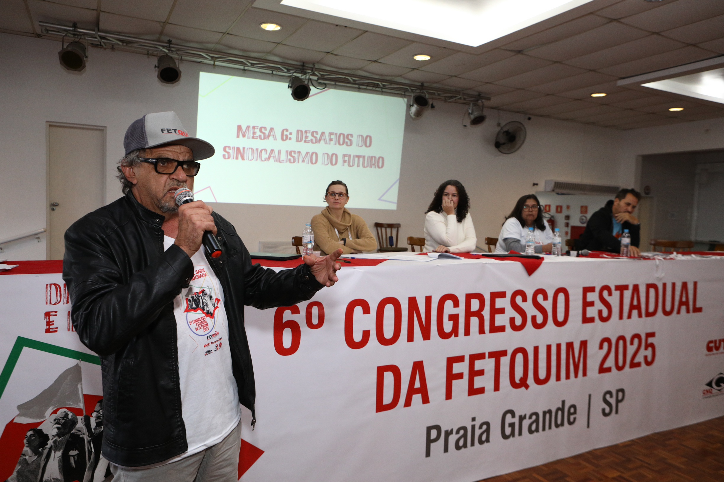 6º Congresso Estadual da Fetquim como slogan Direito, Saúde e Democracia realizado na Côlonia de Férias dos Viajantes. Av. Dos Sindicatos, 1083 Praia Grande-SP. Fotos Dino Santos. Brasil_25_06_2025.