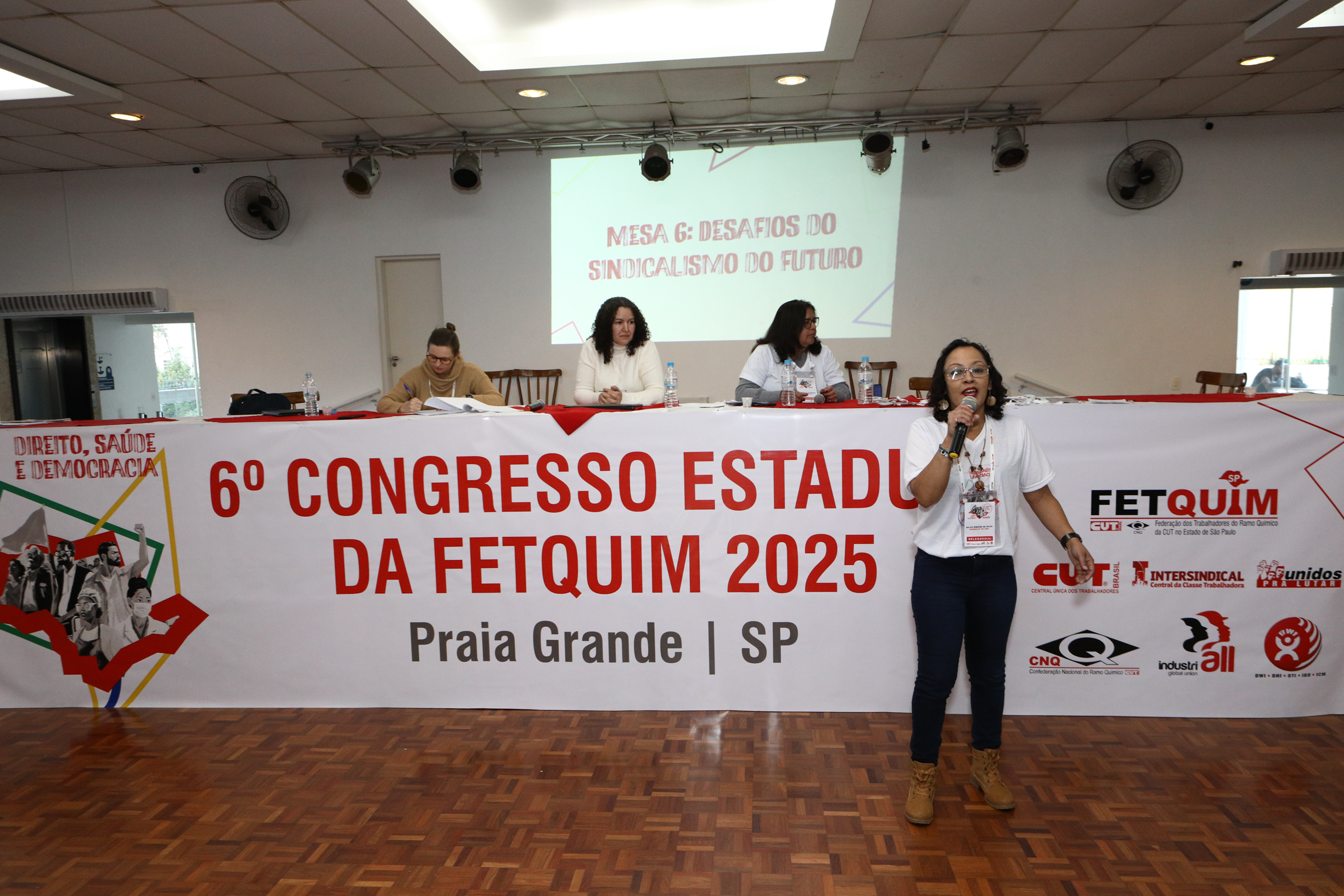 6º Congresso Estadual da Fetquim como slogan Direito, Saúde e Democracia realizado na Côlonia de Férias dos Viajantes. Av. Dos Sindicatos, 1083 Praia Grande-SP. Fotos Dino Santos. Brasil_25_06_2025.