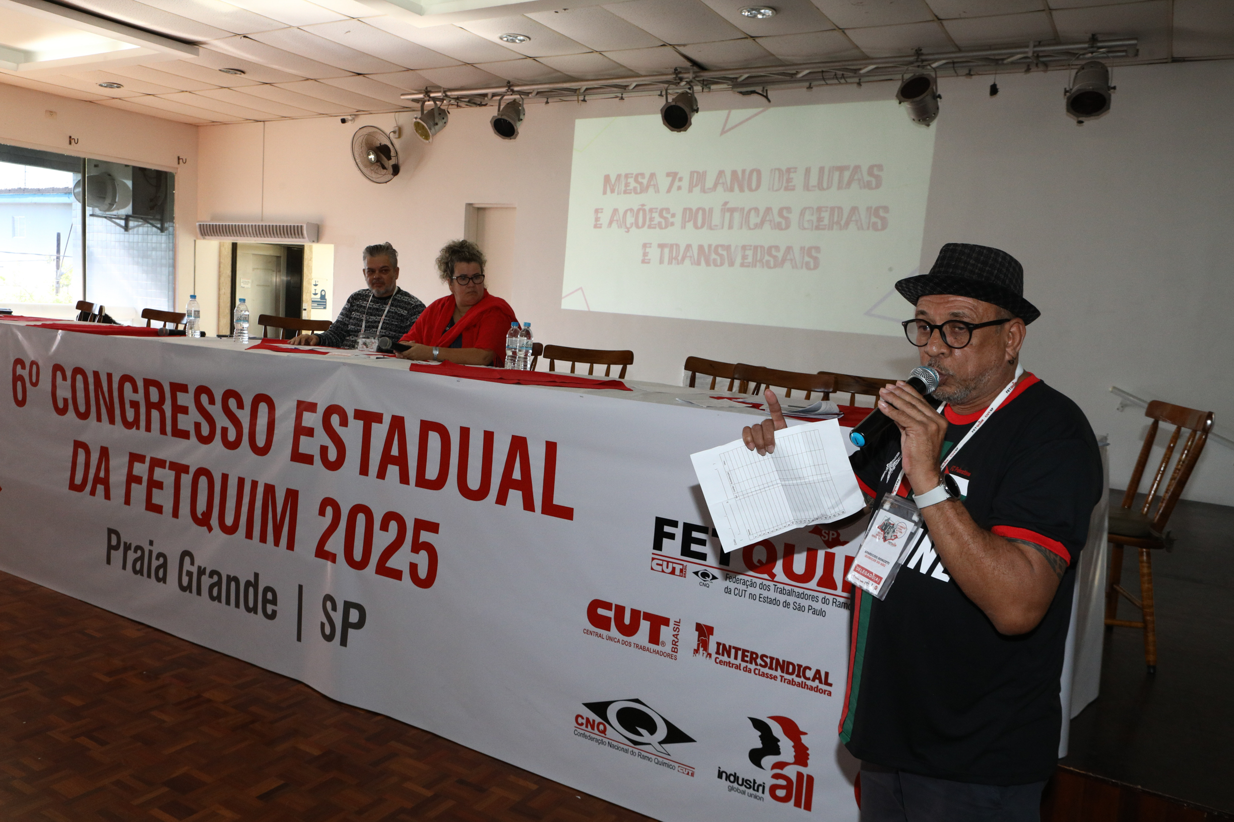 6º Congresso Estadual da Fetquim como slogan Direito, Saúde e Democracia realizado na Côlonia de Férias dos Viajantes. Av. Dos Sindicatos, 1083 Praia Grande-SP. Fotos Dino Santos. Brasil_25_06_2025.