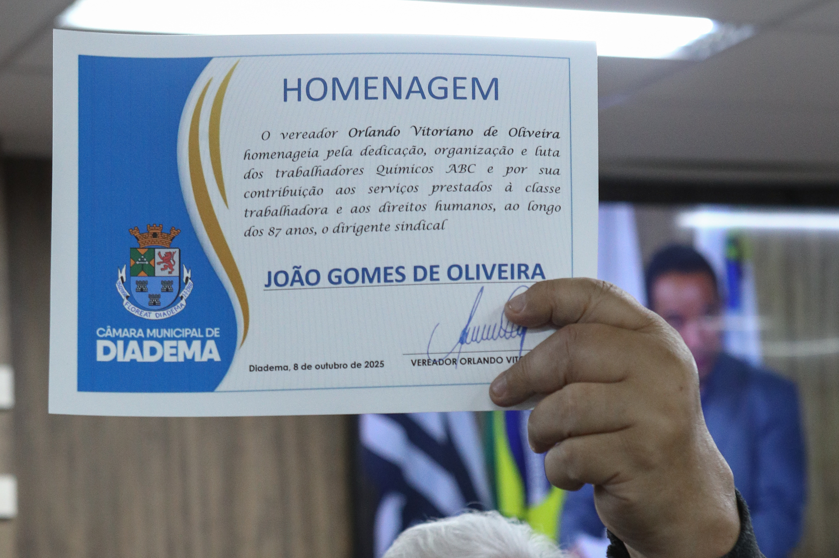 Homenagem ao Sindicato dos Químicos do ABC pelo aniversário de 87 anos com Diploma Legislativo de Honra ao Mérito Social pela autoria do vereador Orlando Vitoriano realizado na Câmara Municipal de Diadema. Av. Antonio Piranga, 474 - Centro de Diadema/SP. Fotos Dino Santos. Brasil_08_10_2025