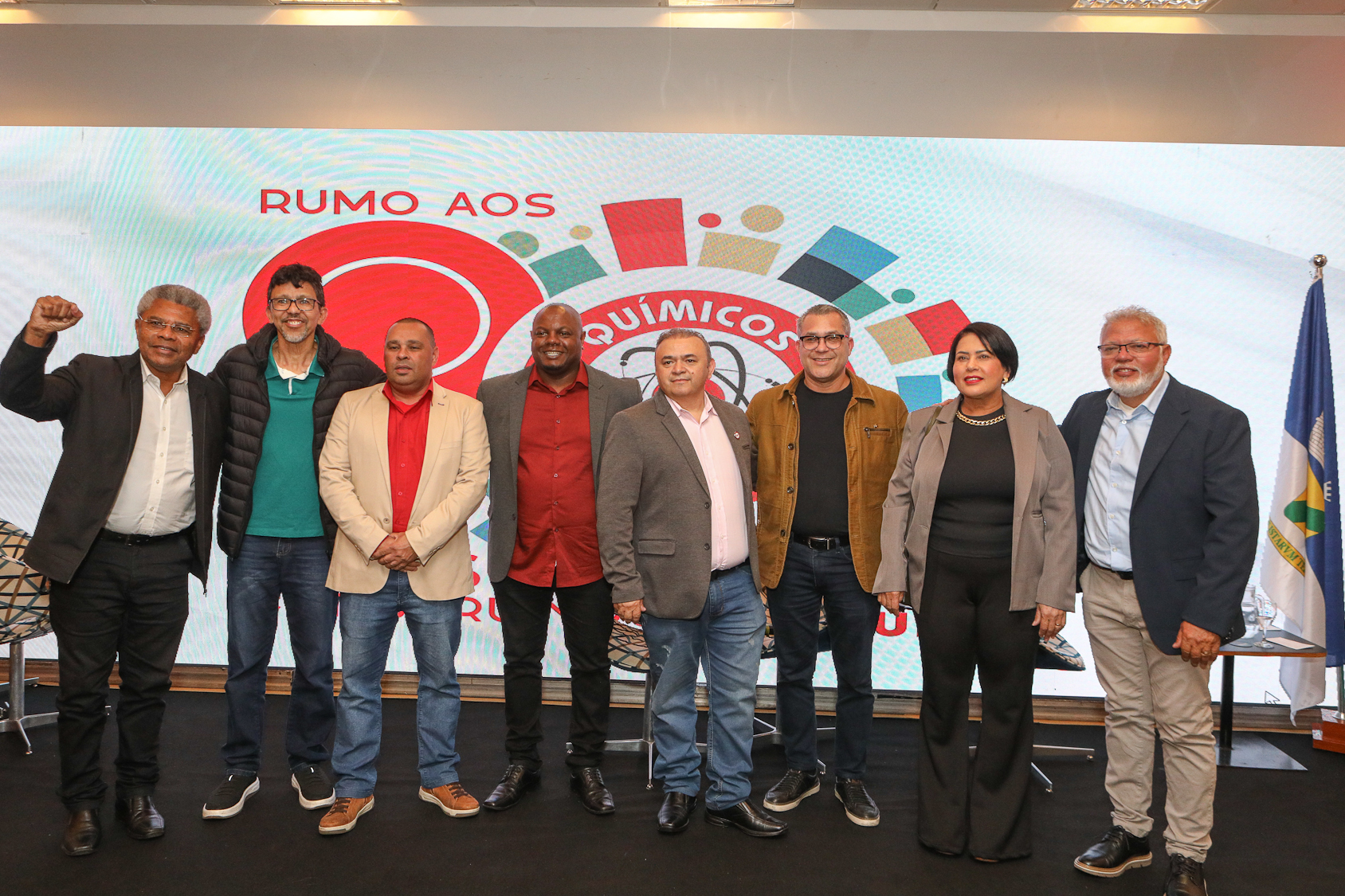 Mesa final de saudações no lançamento rumo aos 90 anos do Sindicato dos Químiocos do ABC realizado no Hotel Braston. Av. Industrial, 885 - Santo André/SP. Fotos Dino Santos. Brasil_10_10_2025.