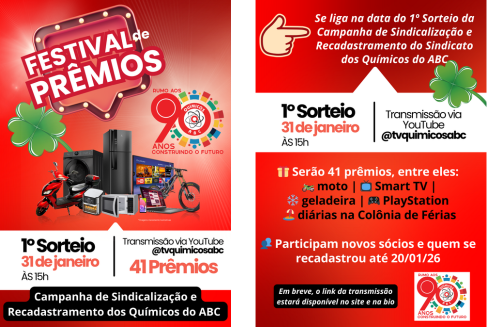 Campanha de Sindicalização e Recadastramento: 1º sorteio será dia 31/01 às 15h via YouTube