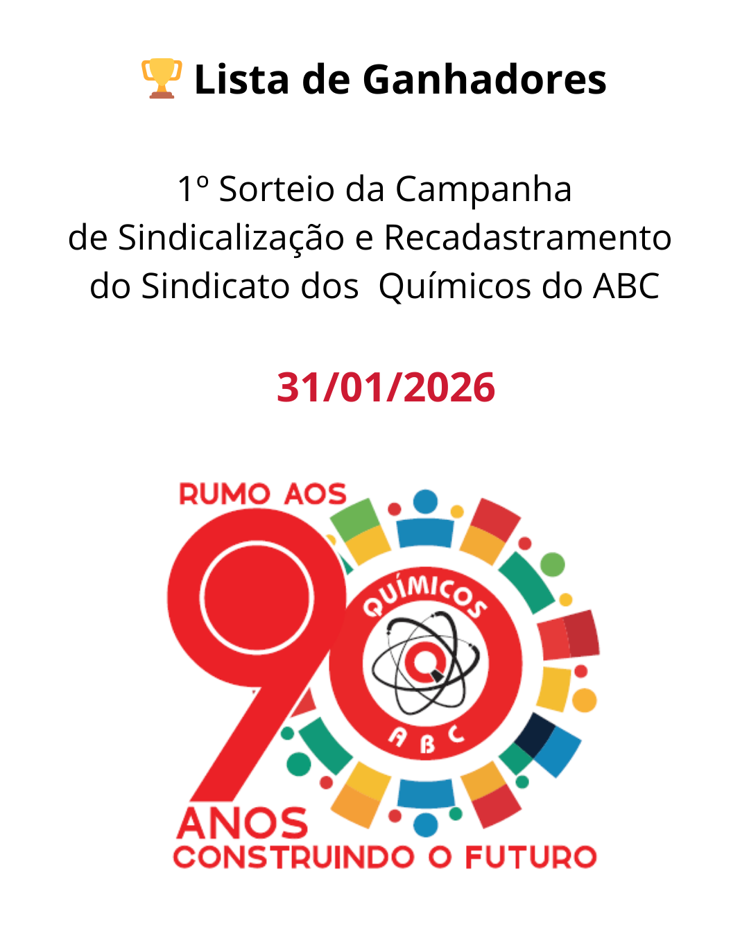 Relação dos ganhadores do 1º Sorteio da Campanha de Sindicalização e Recadastramento