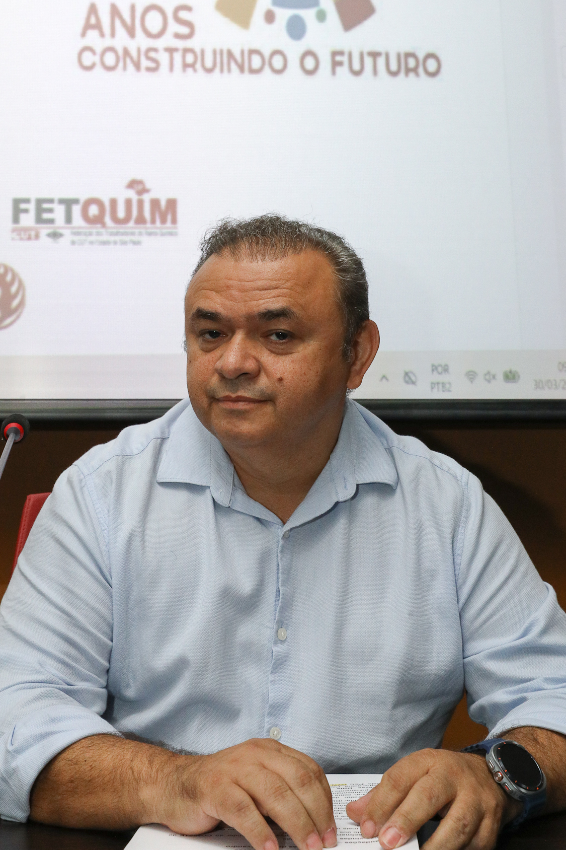 Debate da escala 6x1 sem redução de salário e o cenário das eleições 2026 por Evelise Della Nina, advogada e André Luís dos Santos, jornalista e analista político do DIAP realizado na Sede do Sindicato dos Químicos do ABC. Rua Senador Fláquer, 813 - Centro, Santo André/SP. Fotos Dino Santos. Brasil_30_03_2026.