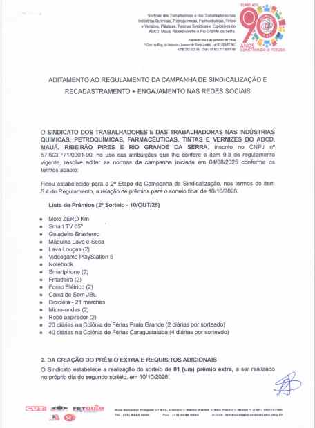 Aditamento ao Regulamento da Campanha de Sindicalização e Recadastramento