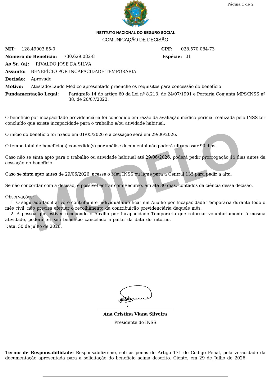 Modelo Resultado de Perícia INSS