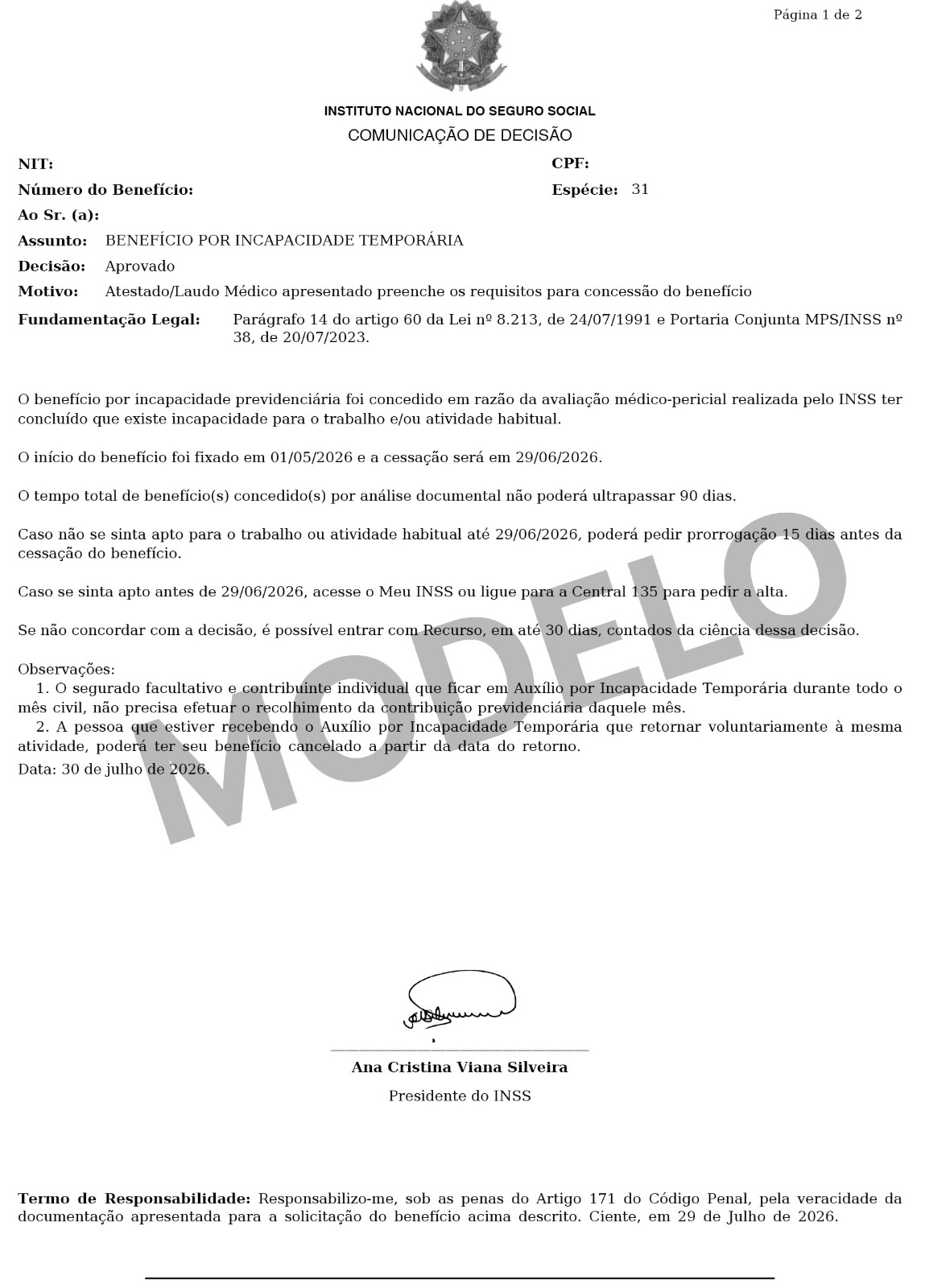 Modelo Resultado de Perícia INSS