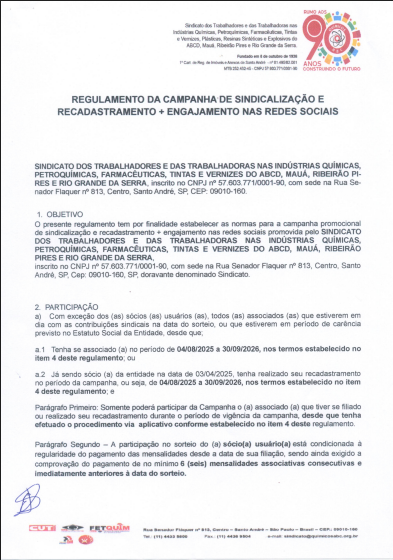 REGULAMENTO DA CAMPANHA DE SINDICALIZAÇÃO E RECADASTRAMENTO – Segundo aditamento